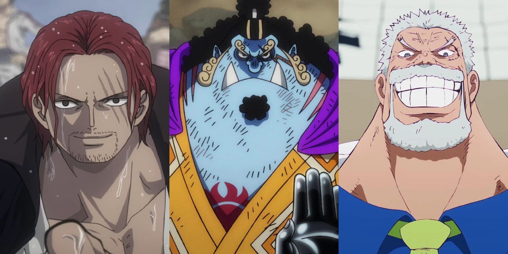 A collage of 3 powerful One Piece characters who should never eat a Devil Fruit: Shanks, Jinbe and Monkey D. Garp.