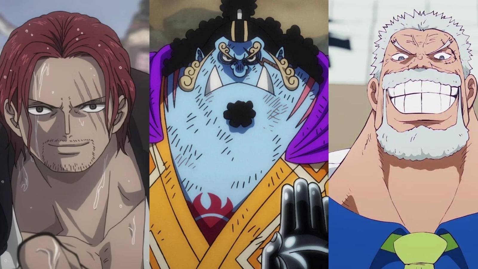 A collage of 3 powerful One Piece characters who should never eat a Devil Fruit: Shanks, Jinbe and Monkey D. Garp.