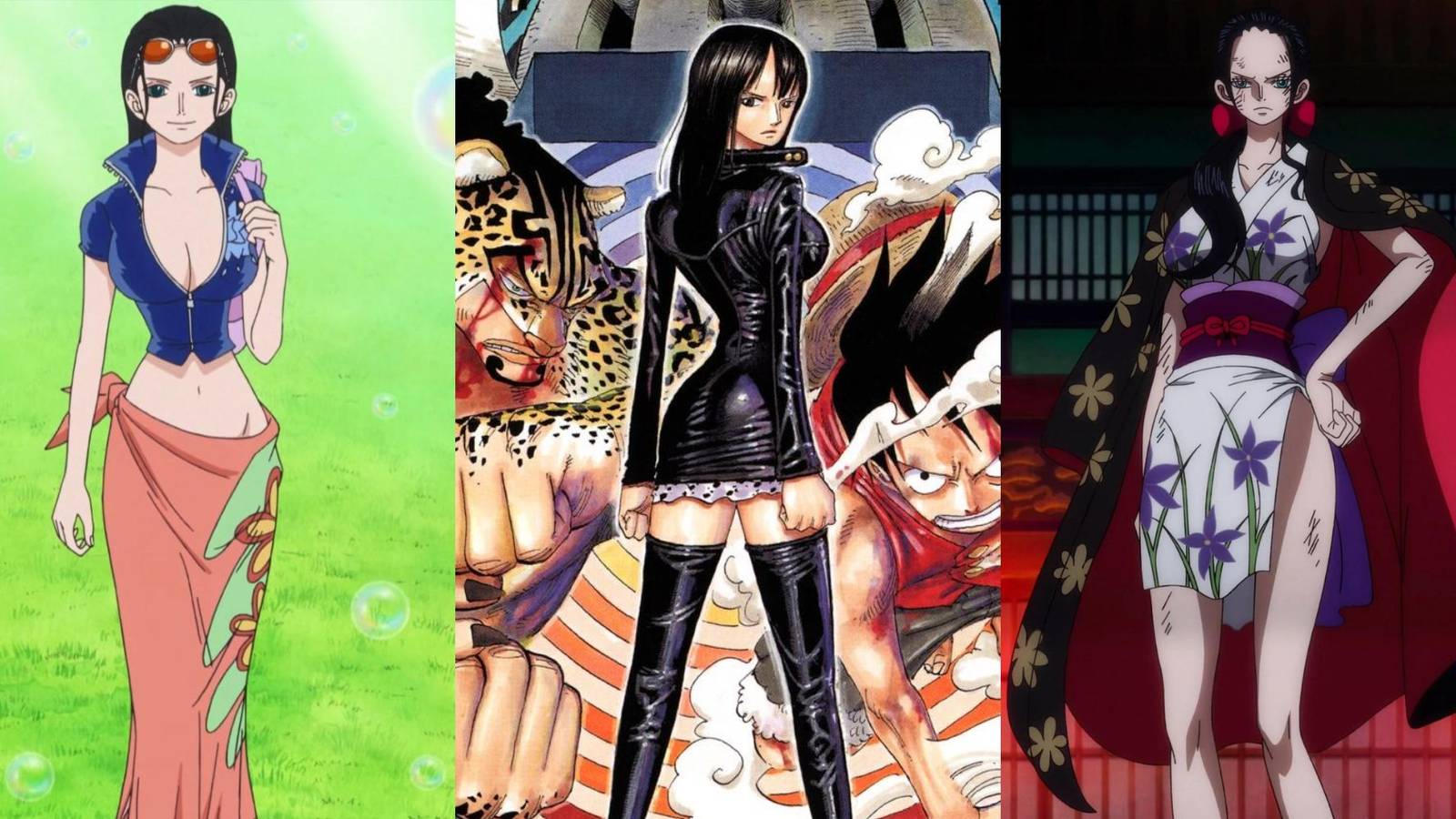 A collage of three iconic outfits of Nico Robin in One Piece: Her Fish-Man Island outfit, her Enies Lobby outfit and her Raid on Onigashima outfit.