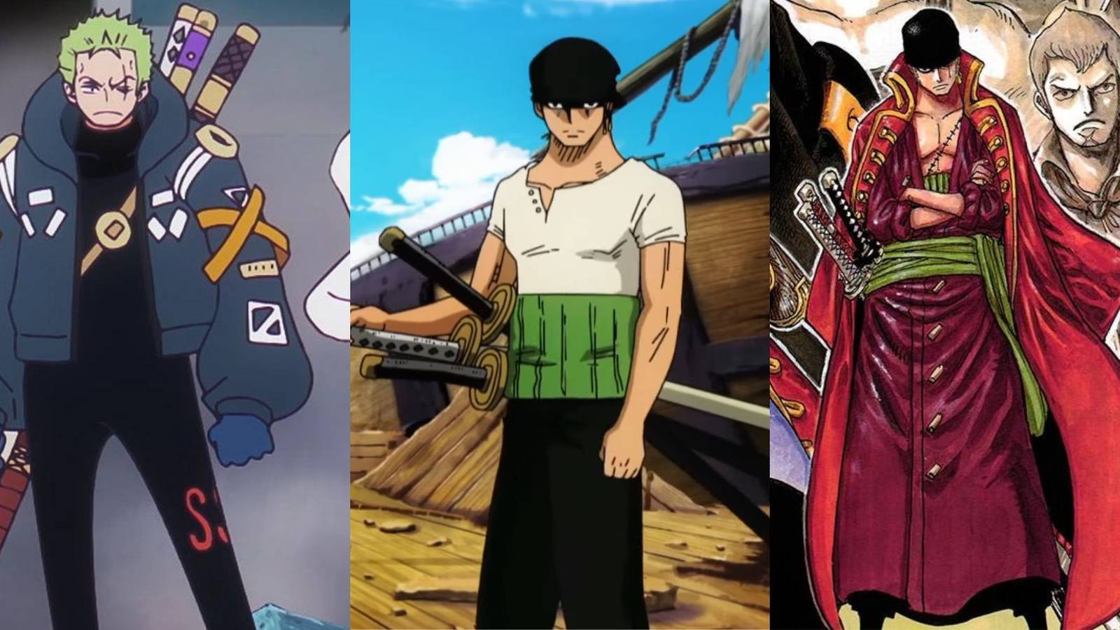 A collage of 3 of Zoro's different outfits: His Egghead outfit, his original outfit and his Film: Z outfit.