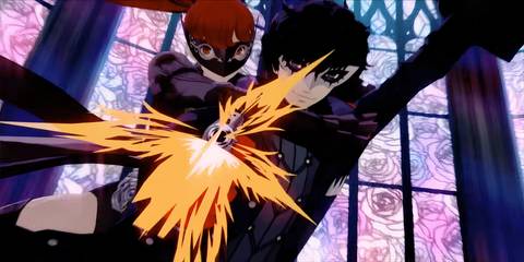 persona 5 royal - joker and yoshizawa swinging on a rope and firing a gun