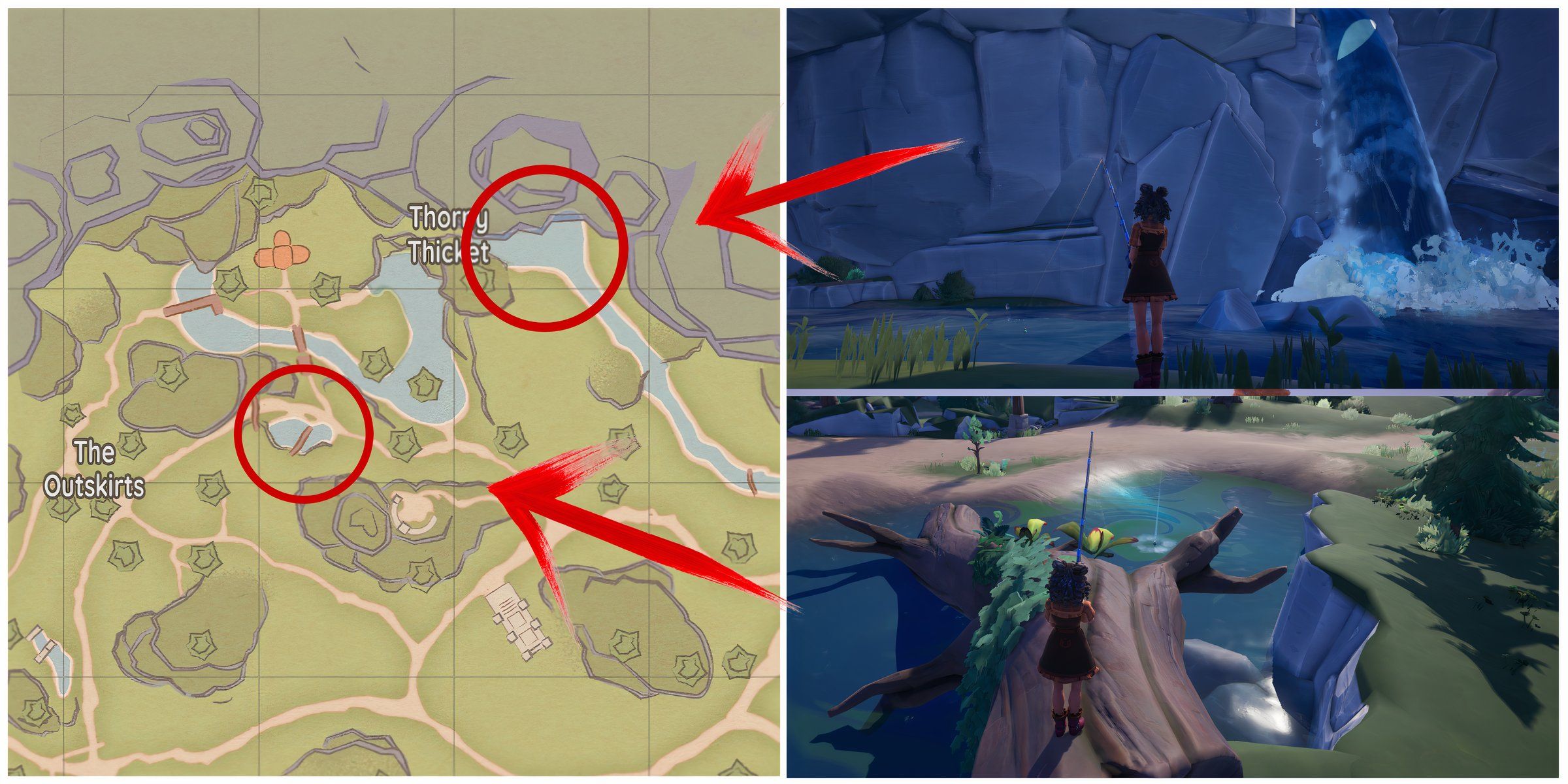 The two fishing location in Thorny Thicket, at the top of the Bahari Bay map