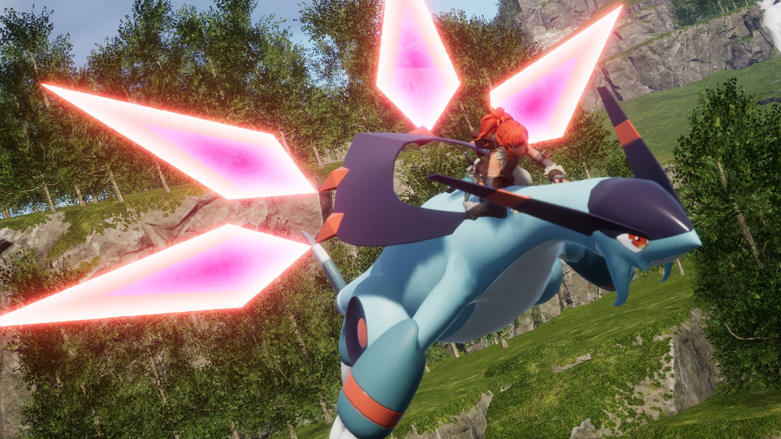 A screenshot from Palworld showing a player character riding Jetragon.