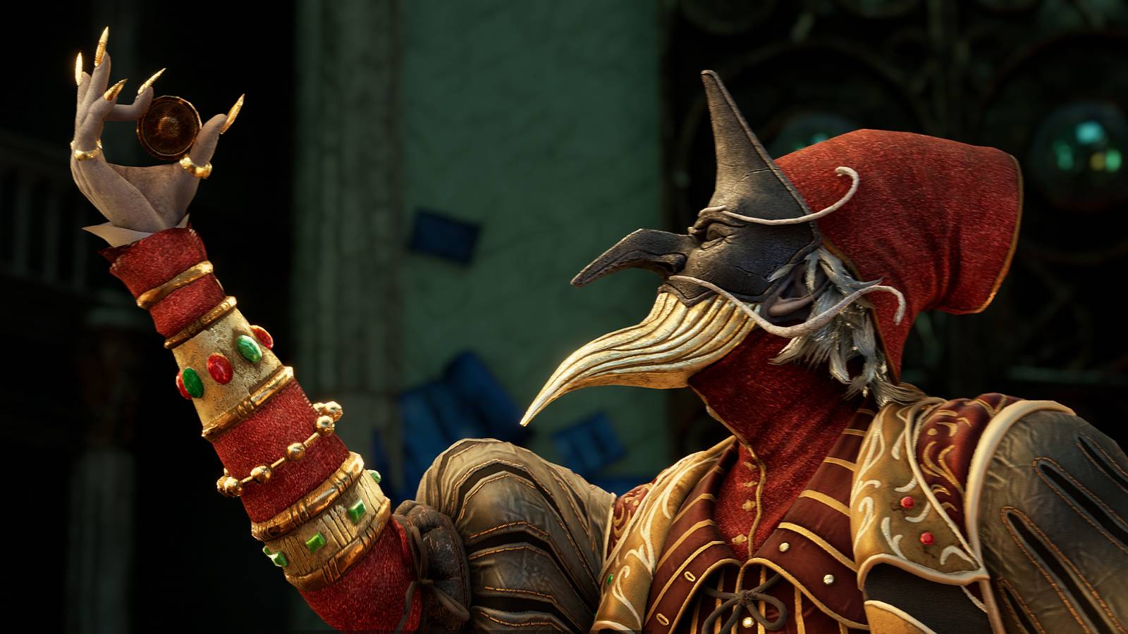 Pantalone holding up a gold coin in Enotria The Last Song