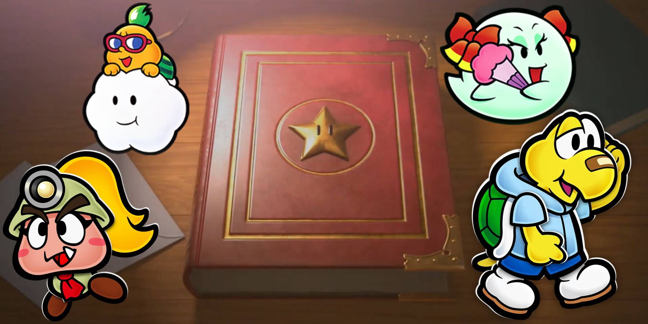 Goombella, Lakilester, Bow, and Koops over the book from Paper Mario: The Thousand-Year Door's intro