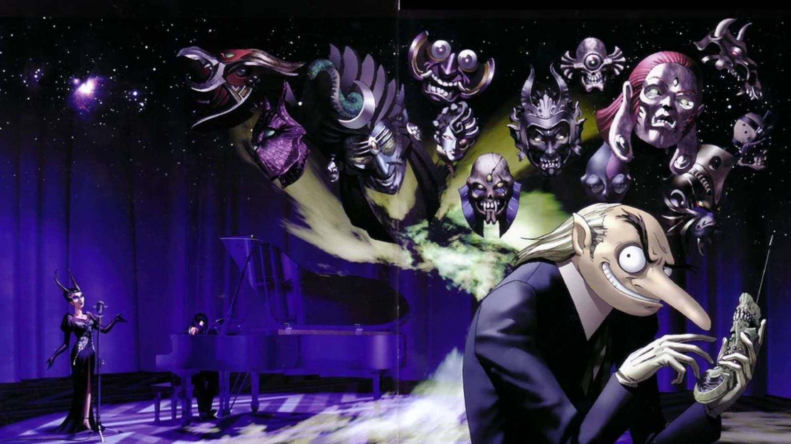 Artwork of Igor, Belladonna, and Nameless in the Velvet Room from Persona 2