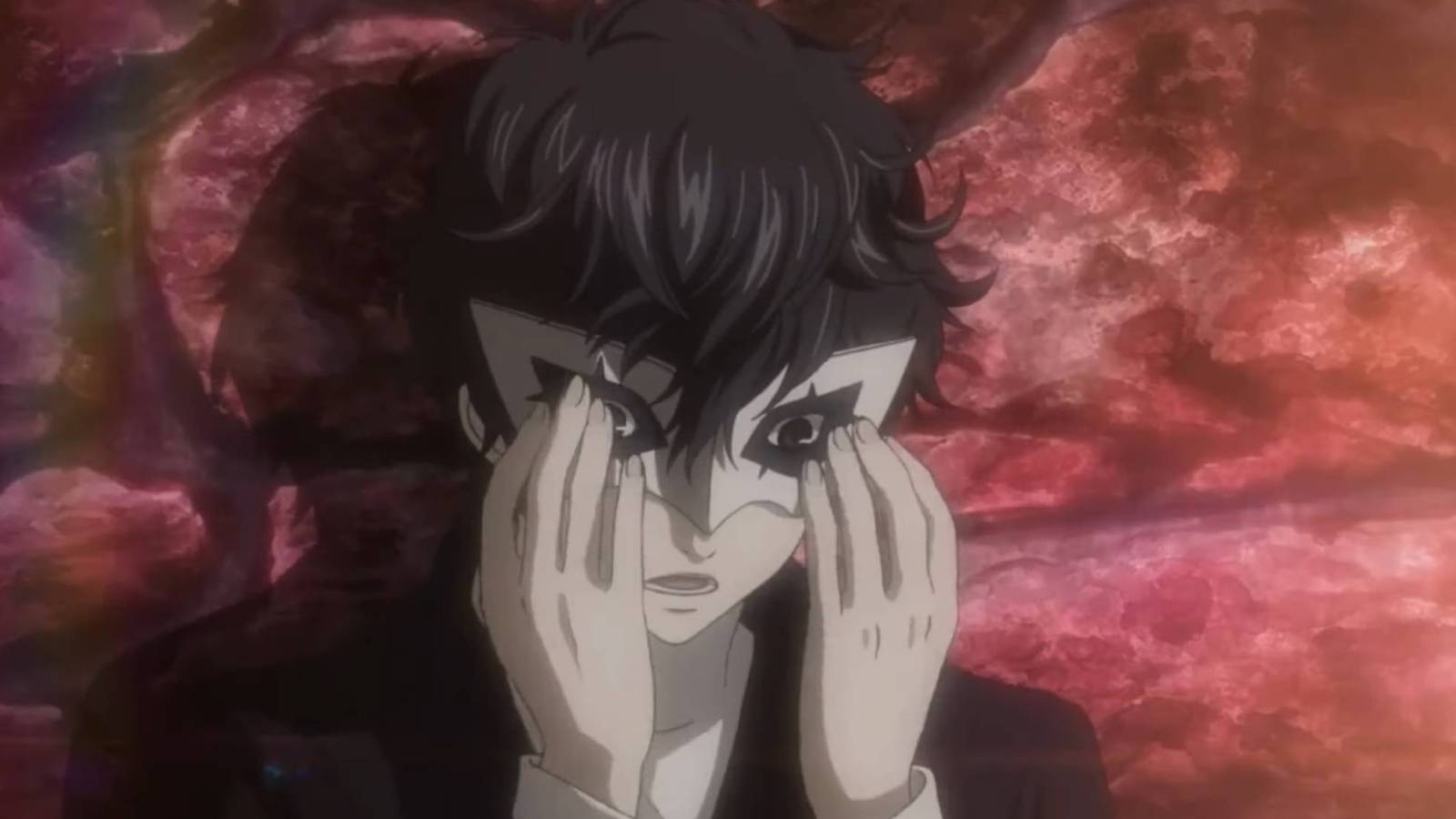 Joker reaching for his mask in Persona 5