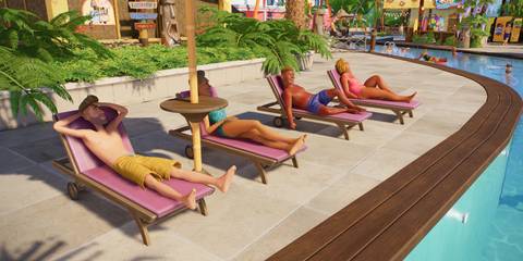 planet coaster 2 guests sunbathing