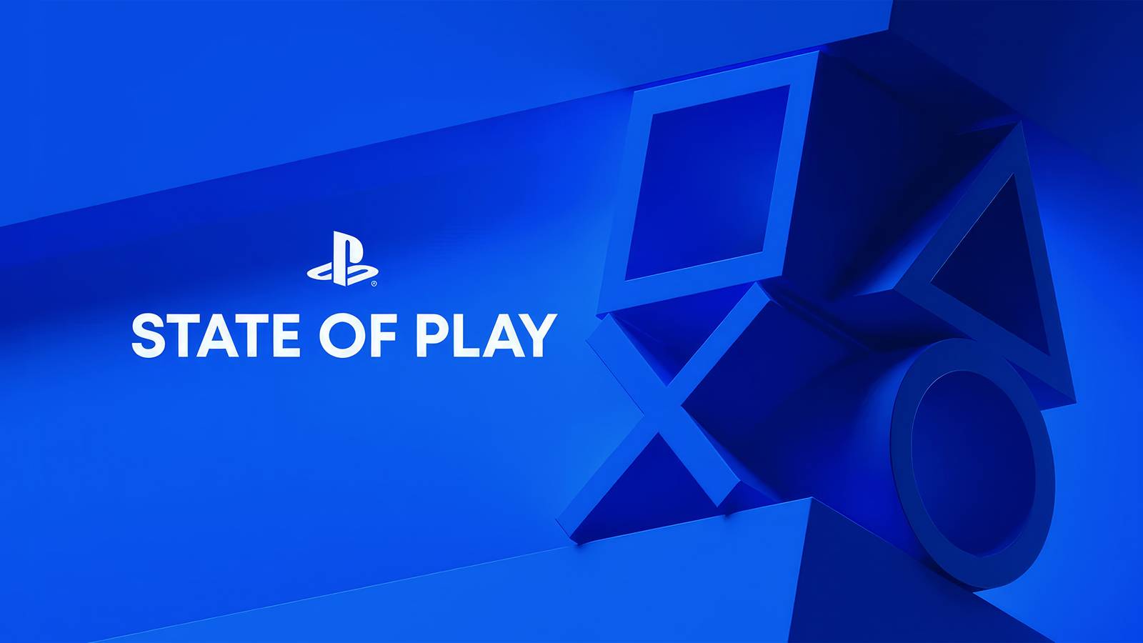 PlayStation State of Play logo key art with 3D depictions of PS controller face buttons upscaled
