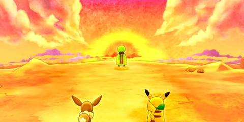Pikachu and Eevee at sunset