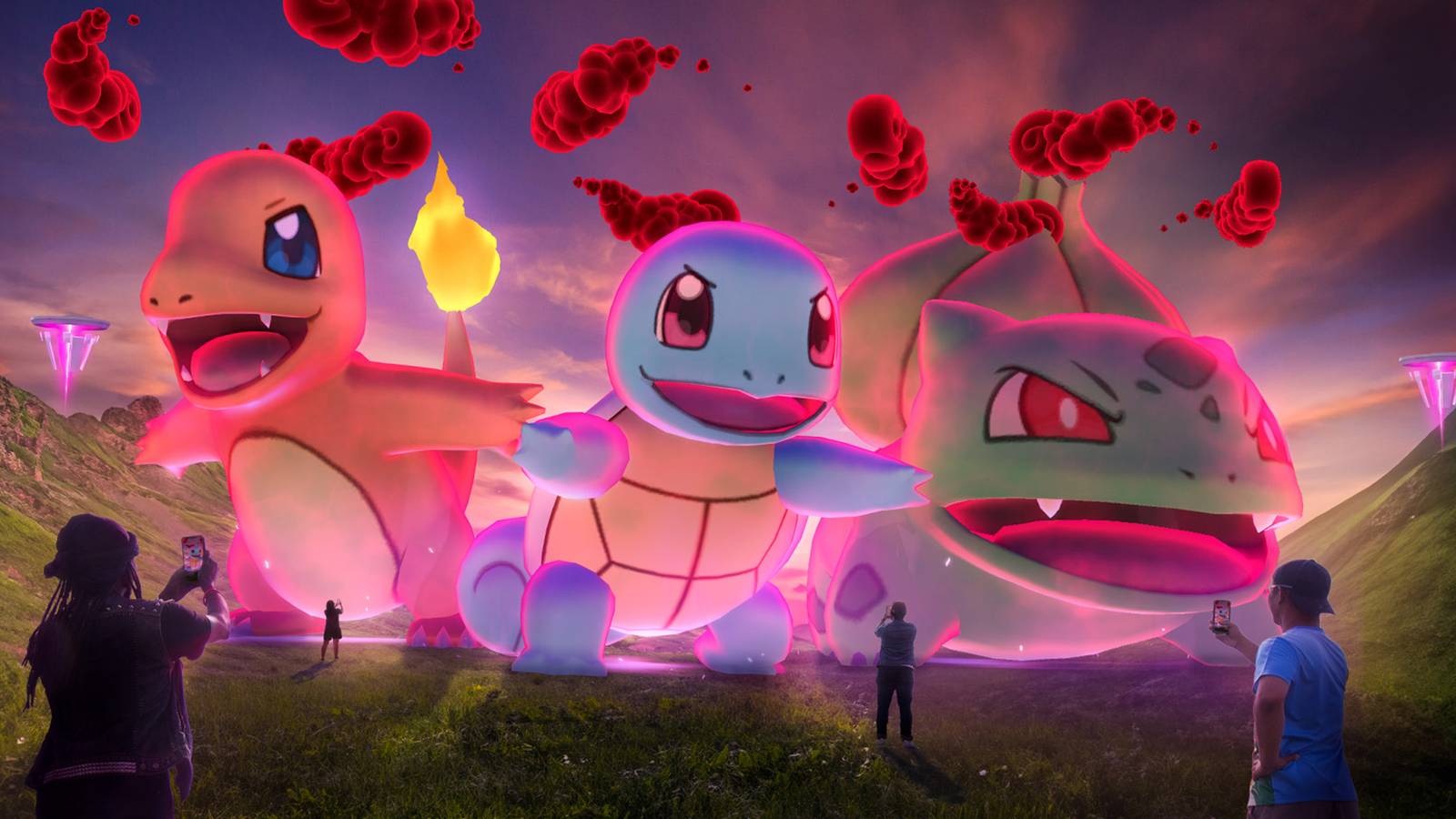 Pokemon GO Gen 1 starters dynamaxing Bulbasaur Squirtle Charmander key art