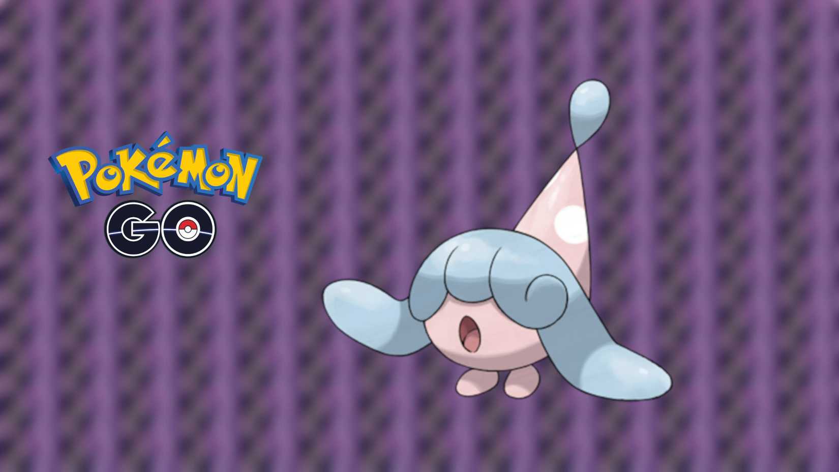 Hatenna on a purple lightning background that's faded, next to the Pokemon GO logo.