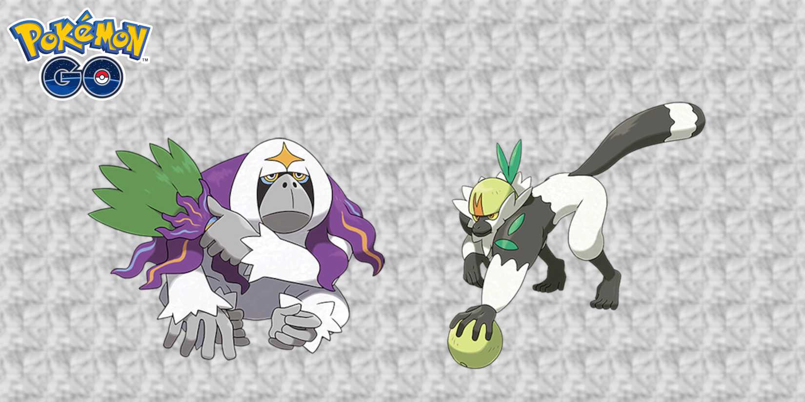 Pokemon GO Legendary Heroes Sword Shield Path: Oranguru and Passimian facing off against a stone background.