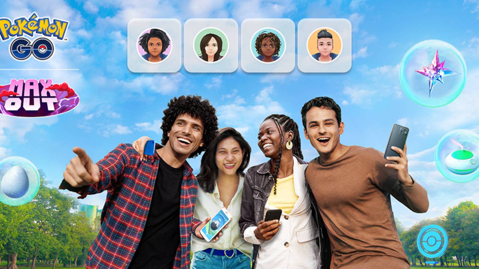 Pokemon GO Party Share: four people with phones hugging each other as items surround them in bubbles.