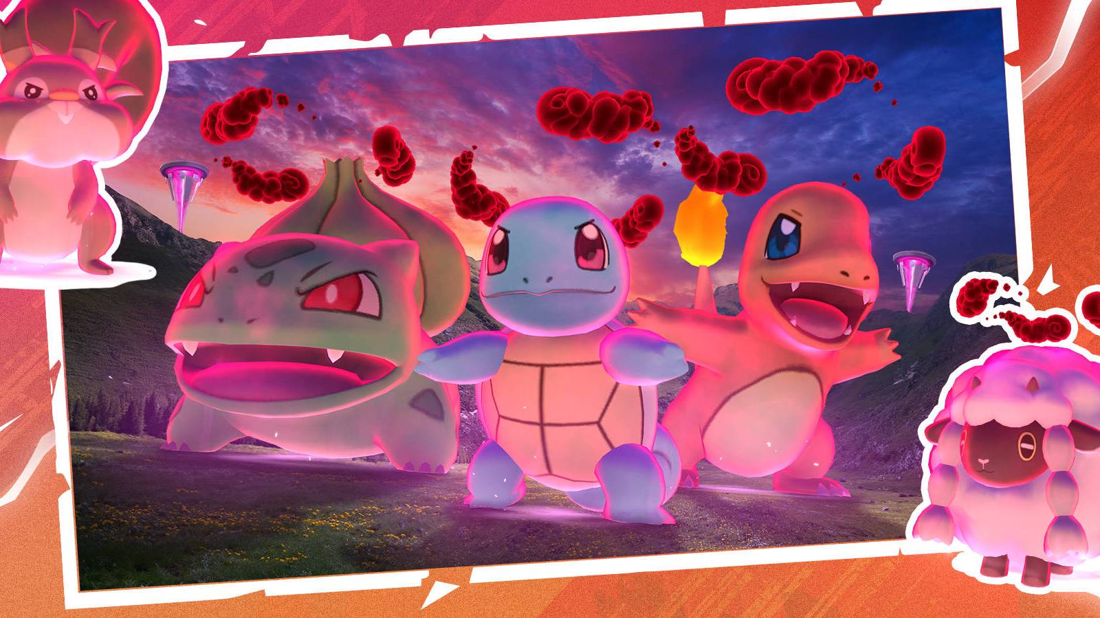 Pokemon GO To The Max: Bulbasaur, Squirtle, and Charmander are posing with red cloud swirls around their head.