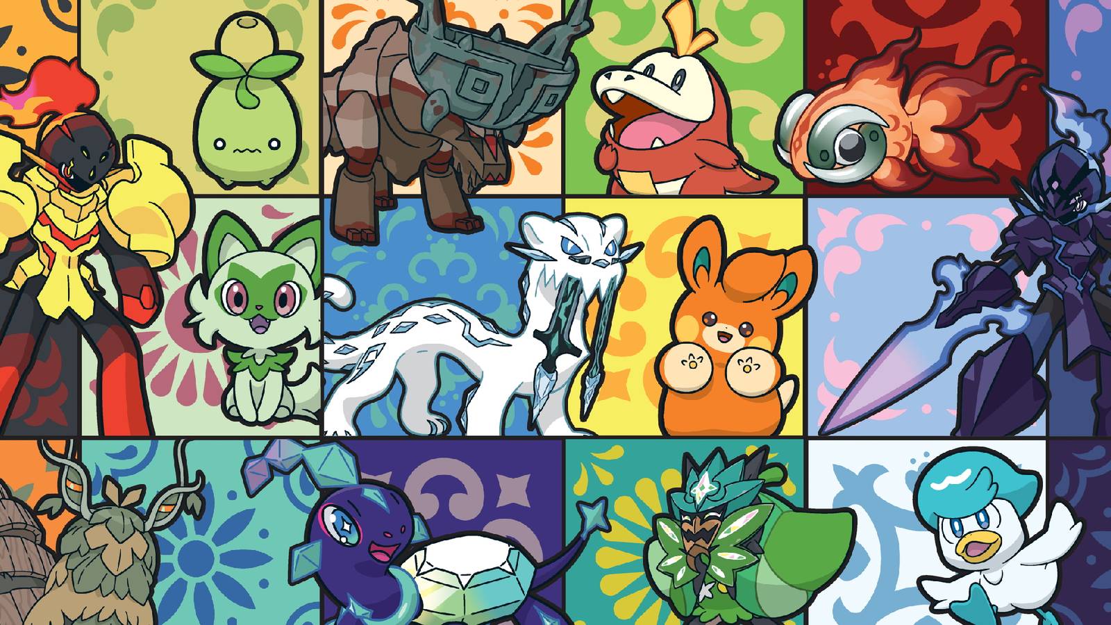 A promotional visual for Pokemon Scarlet and Violet featuring several Pokemon from Paldea