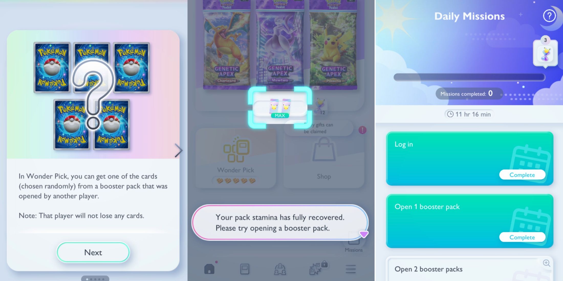 pokemon tcg pocket screenshots mobile missions, wonder