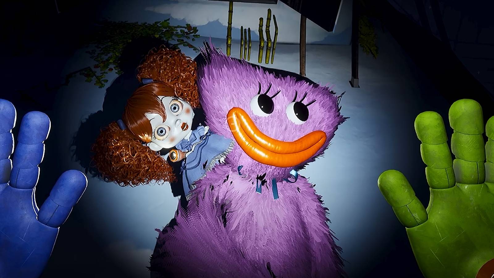 Poppy Playtime purple Huggy Wuggy creepy dolls first-person view