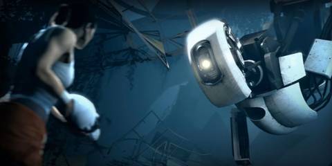 Portal 2 Glados Looking Down At Protagonist