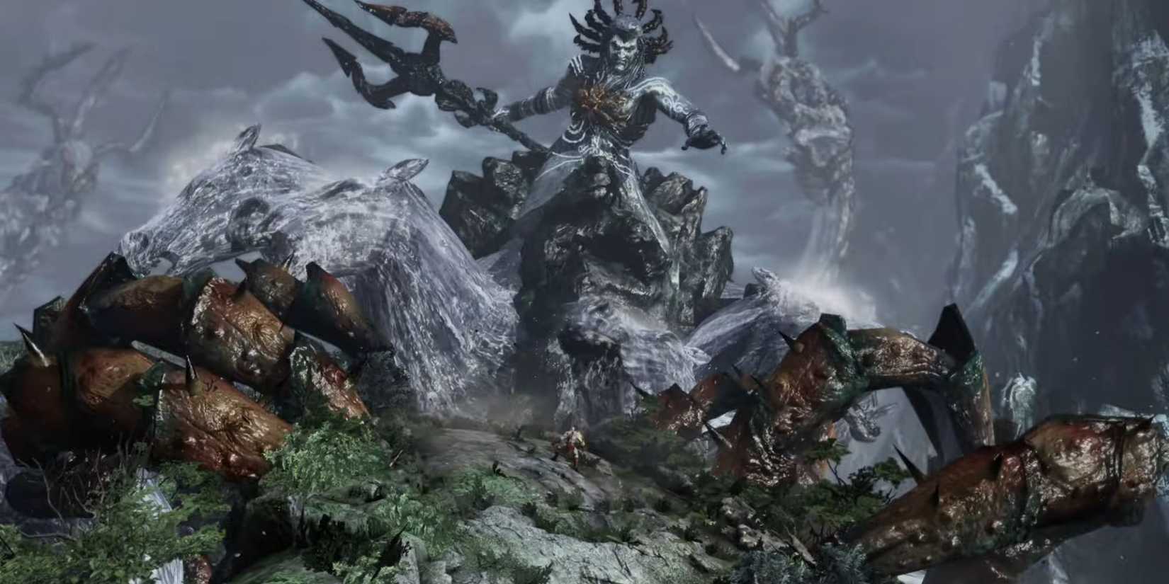 Poseidon and his Hippocampi attack Gaia.