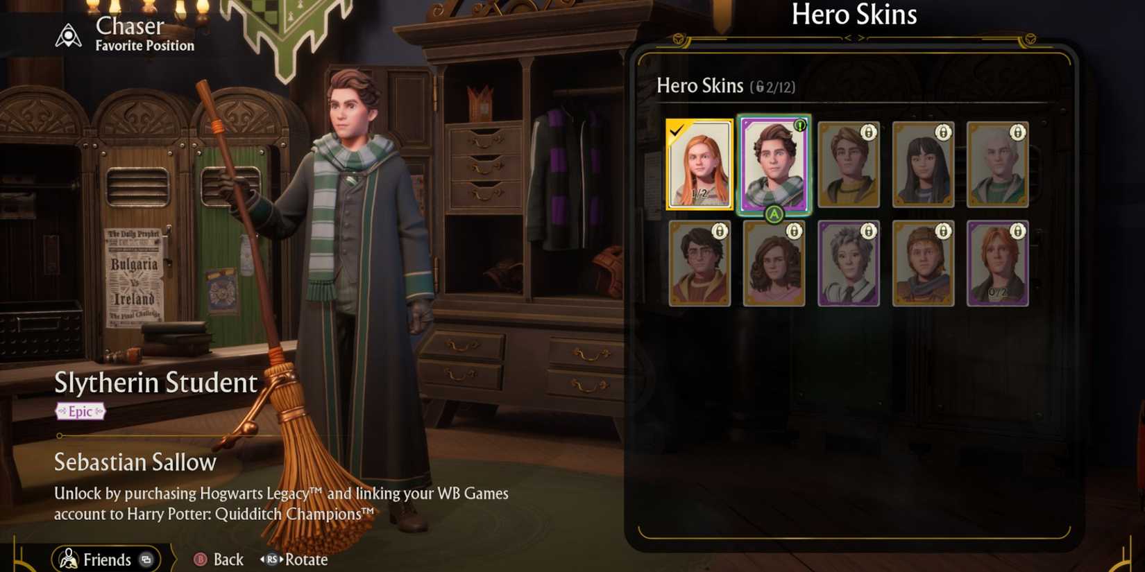 Sebastian Sallow Slytherin Student hero skin selection in Quidditch Champions