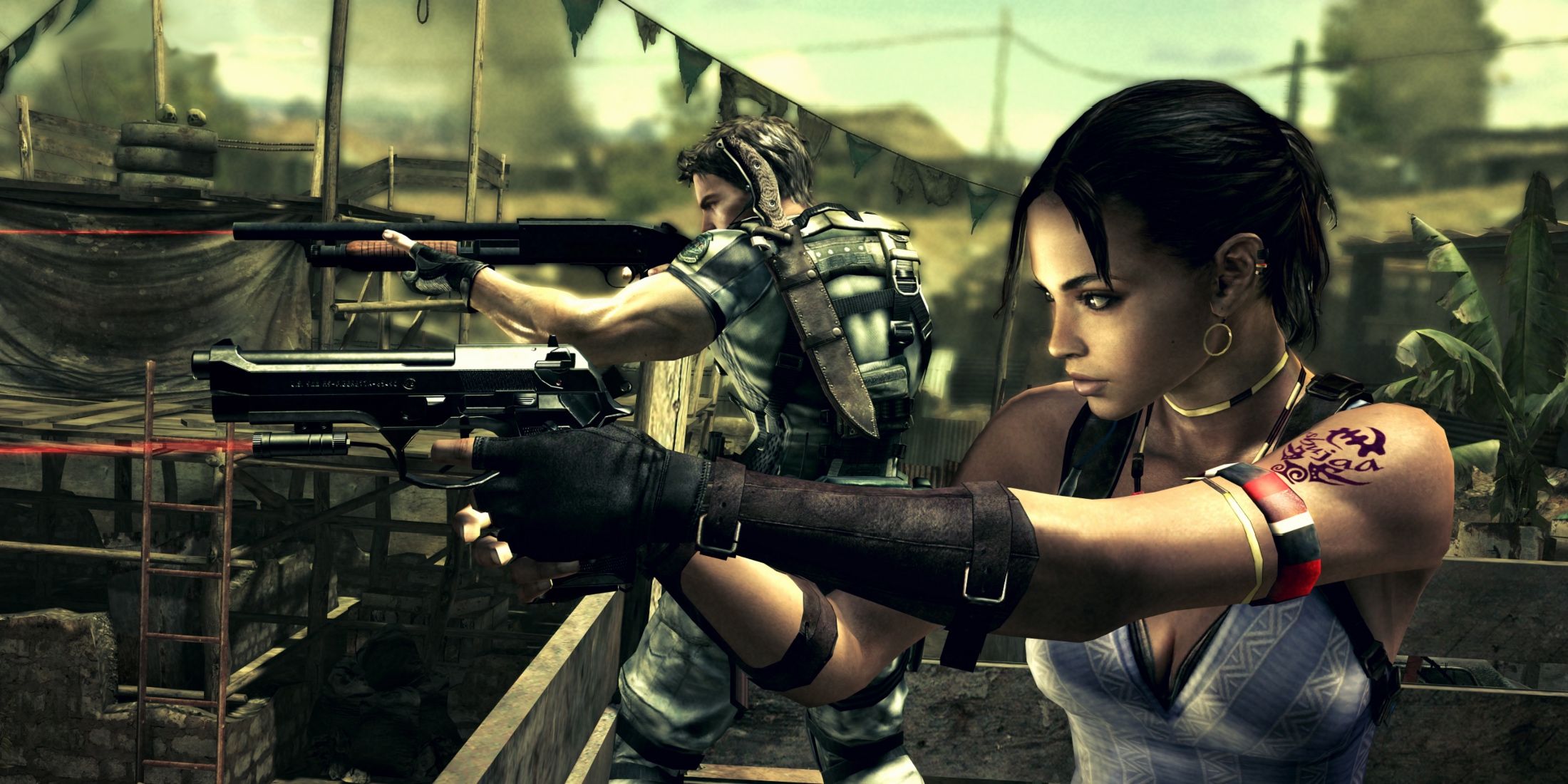 Chris Redfield and Sheva Alomar aiming their guns in Resident Evil 5