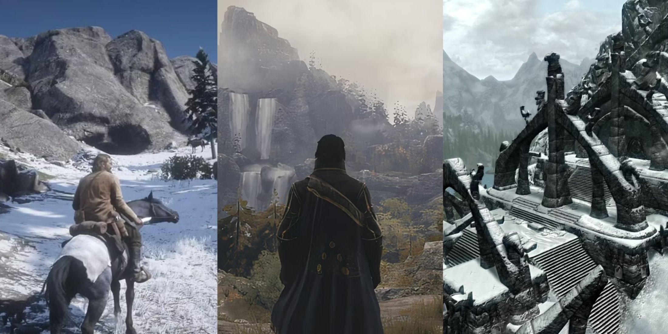 A split image of Red Dead Redemption 2, Greedfall, Skyrim