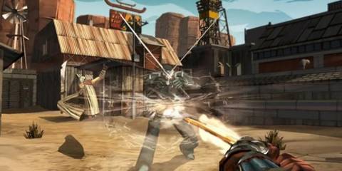 Red Steel 2 Swinging a katana at a black-clothed warrior crossing his two katanas in a defensive pose.