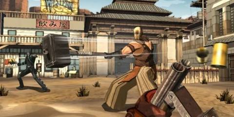 Red Steel 2 Reloading a shotgun as an enemy swings a sledgehammer.