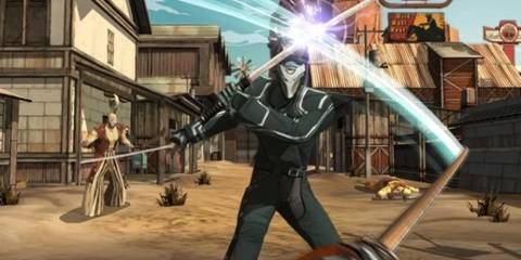 Red Steel 2 First-person perspective of protagonist clashing with black-clothed adversary wielding dual katanas.