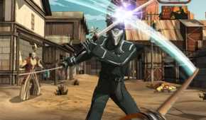 Red Steel 2 First-person perspective of protagonist clashing with black-clothed adversary wielding dual katanas.
