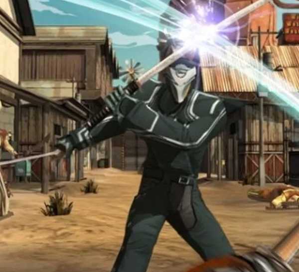 Red Steel 2 First-person perspective of protagonist clashing with black-clothed adversary wielding dual katanas.