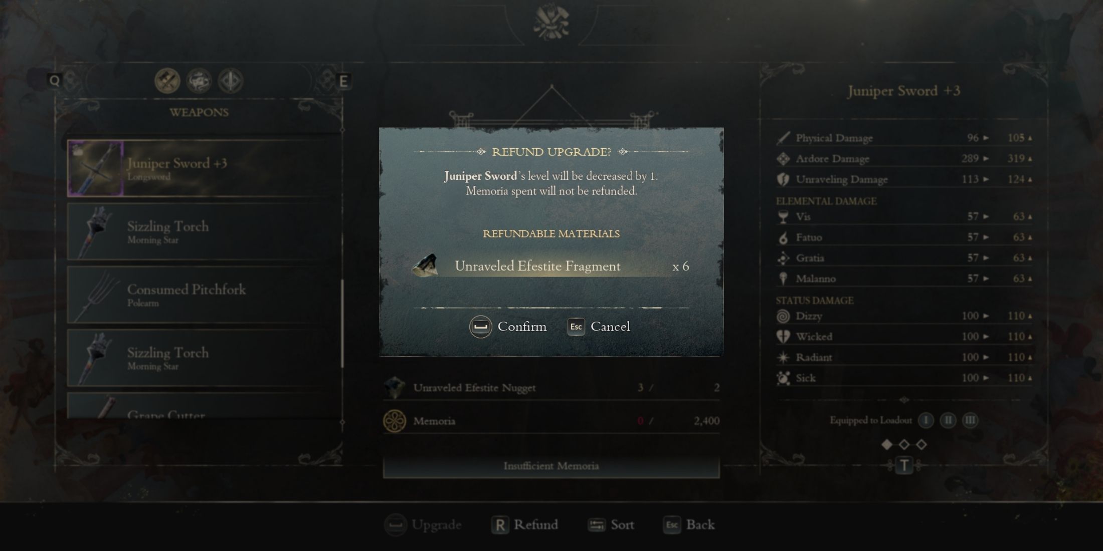 refunding weapon upgrade materials in Enotria the Last Song