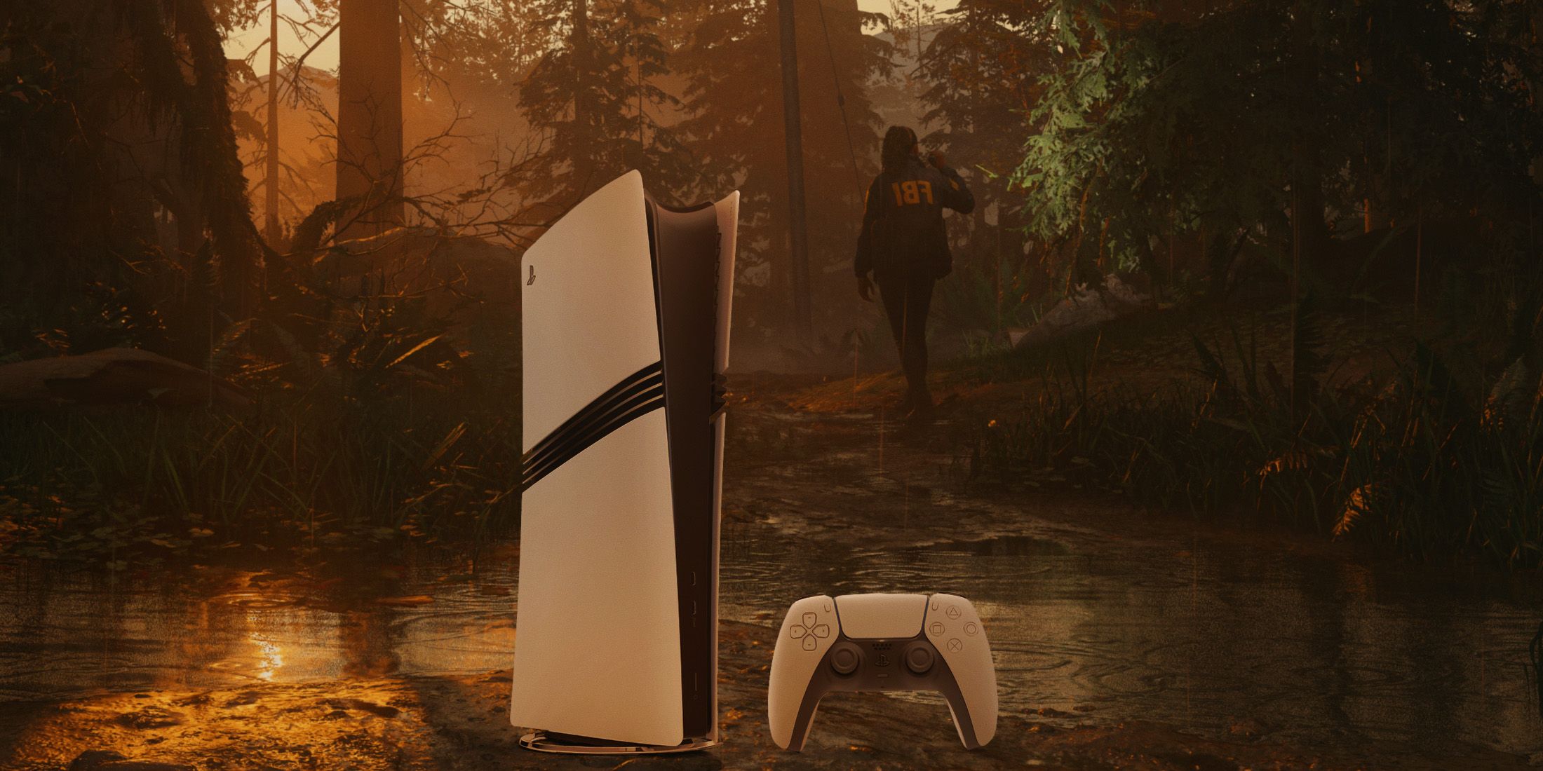 A screenshot from Alan Wake 2 of an FBI agent in the forest, modified to show the PS5 hardware in the foreground.