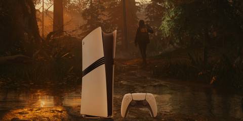 A screenshot from Alan Wake 2 of an FBI agent in the forest, modified to show the PS5 hardware in the foreground.