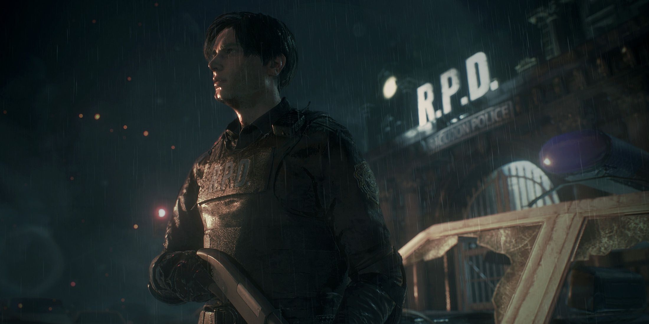 Leon Kennedy outside the RPD in Resident Evil 2