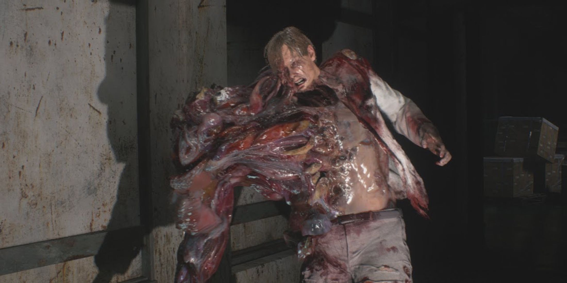 William Birkin with a pained expression as his arm mutates in Resident Evil 2