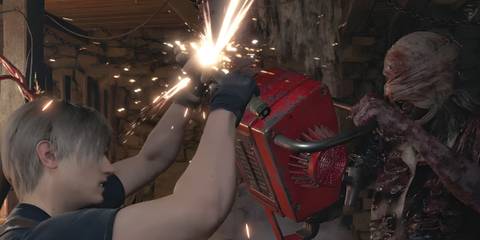 Resident Evil 4 Remake Leon Parrying a Chainsaw