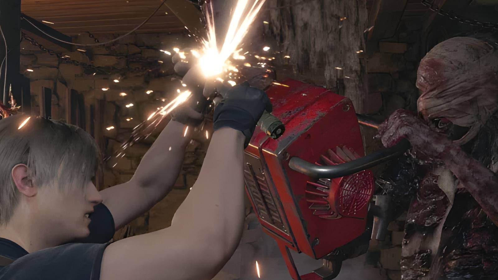 Resident Evil 4 Remake Leon Parrying a Chainsaw