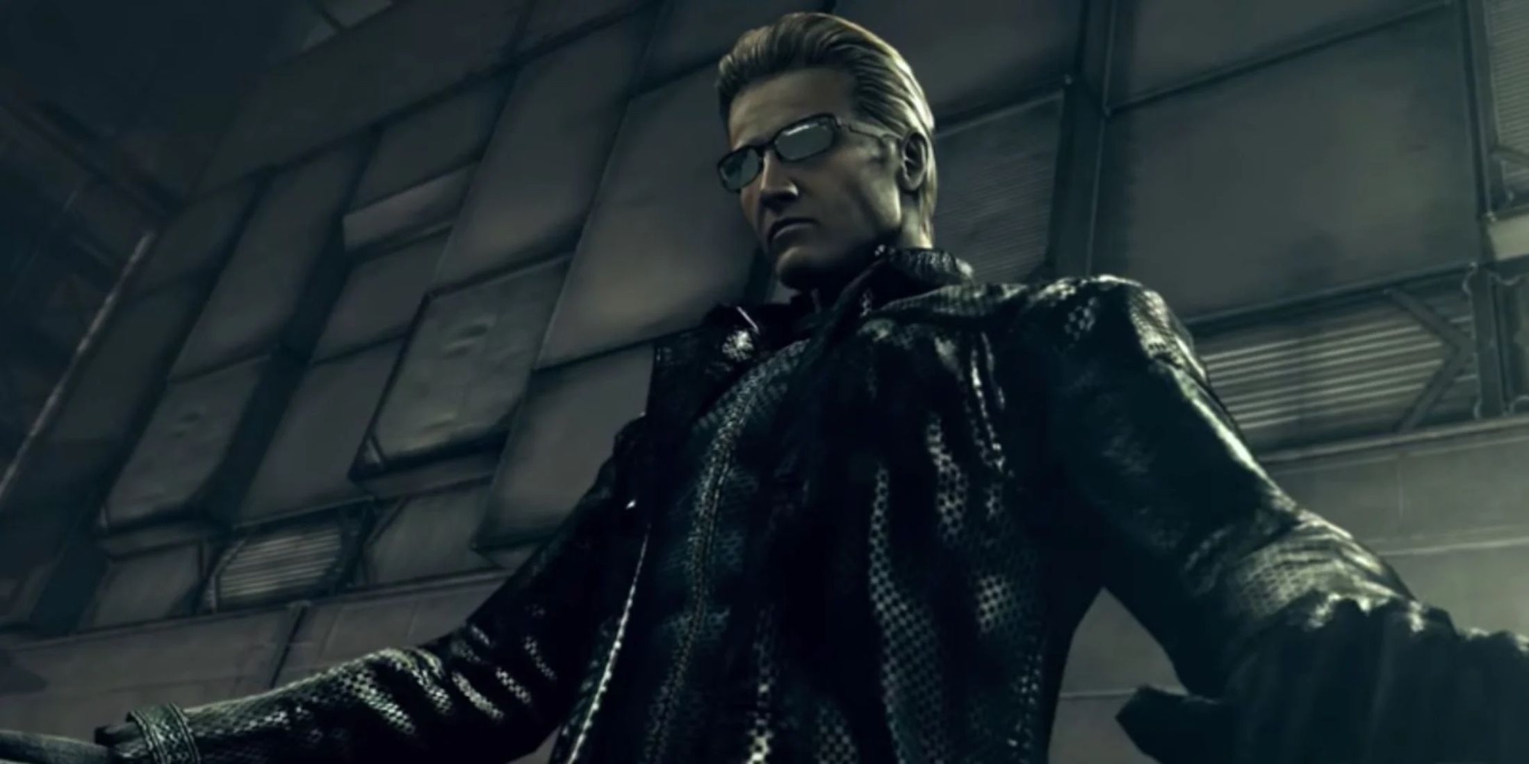 Albert Wesker standing on a balcony with his hands on the railing