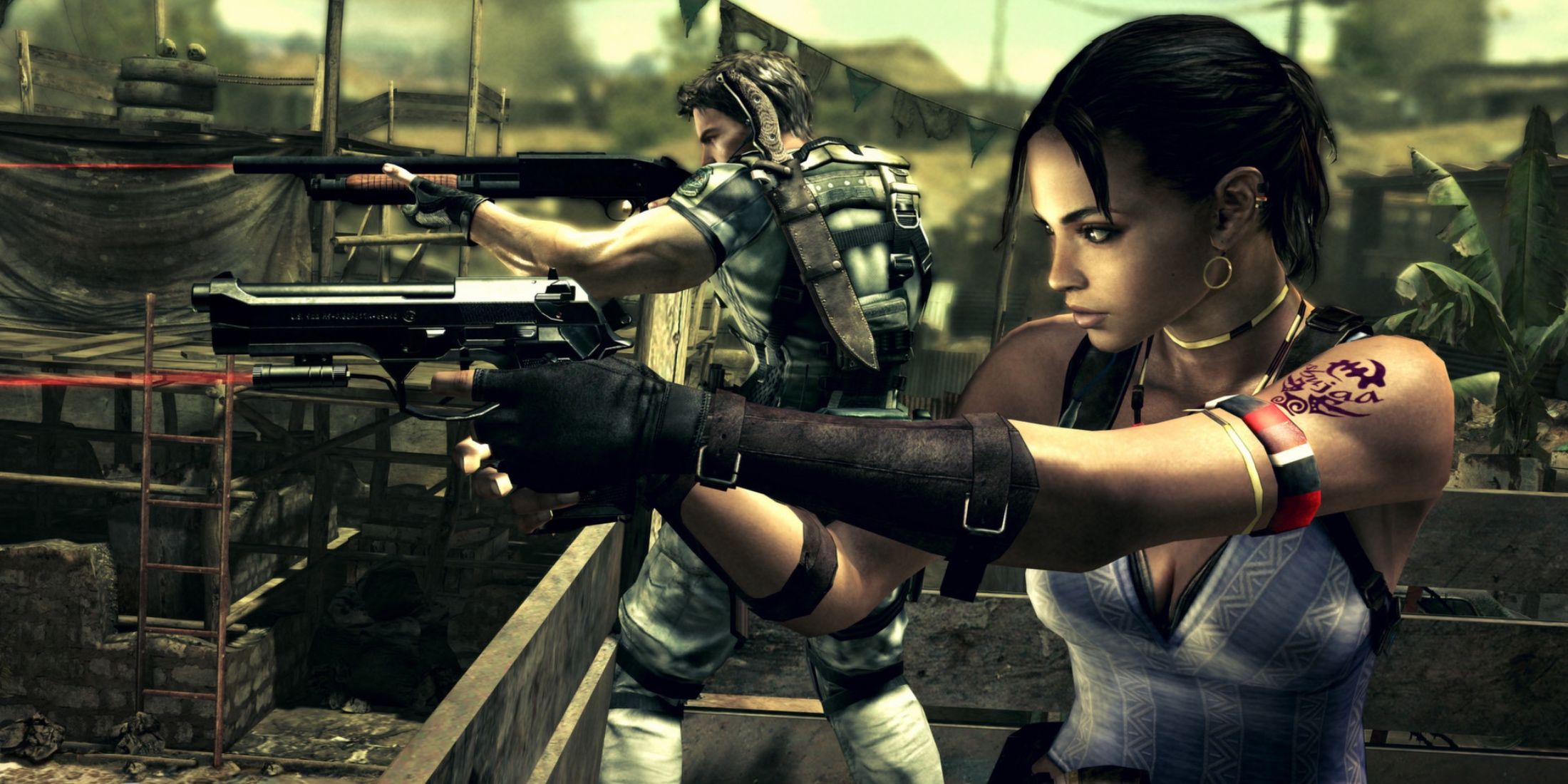 Resident Evil 5 - Chris aiming a shotgun while Sheva aims a pistol over a barrier