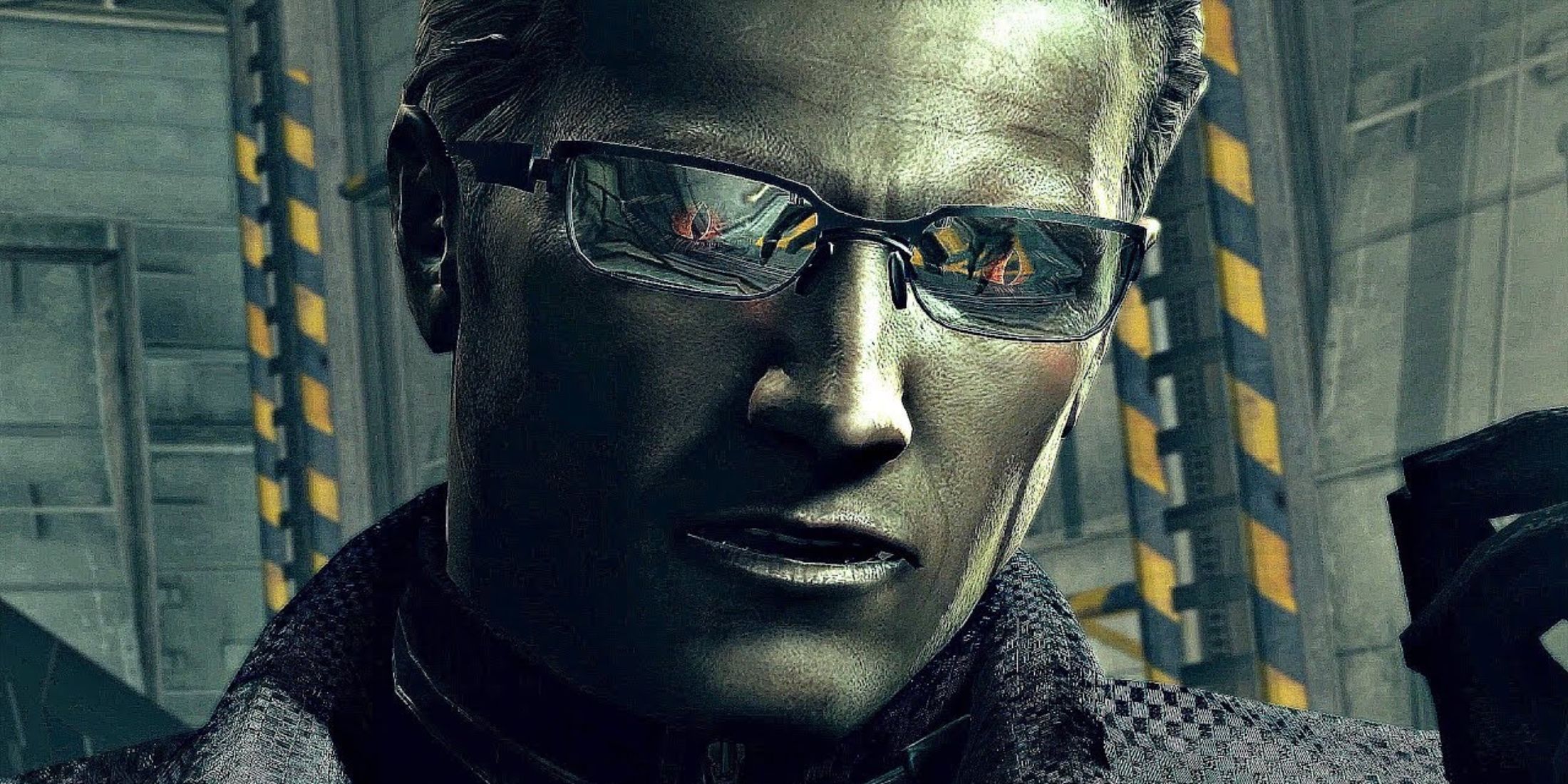 A close-up of Albert Wesker's eyes glowing red through his sunglasses