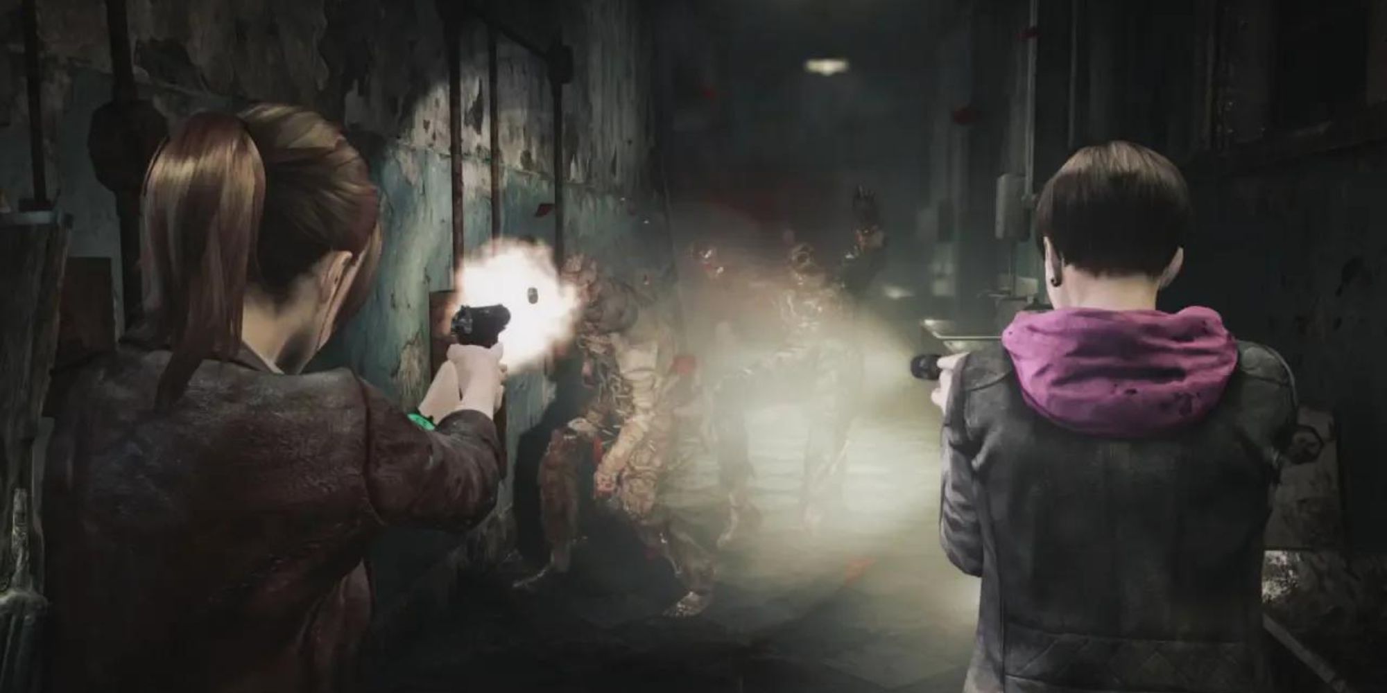 Claire shooting while Moira points a flashlight at enemies