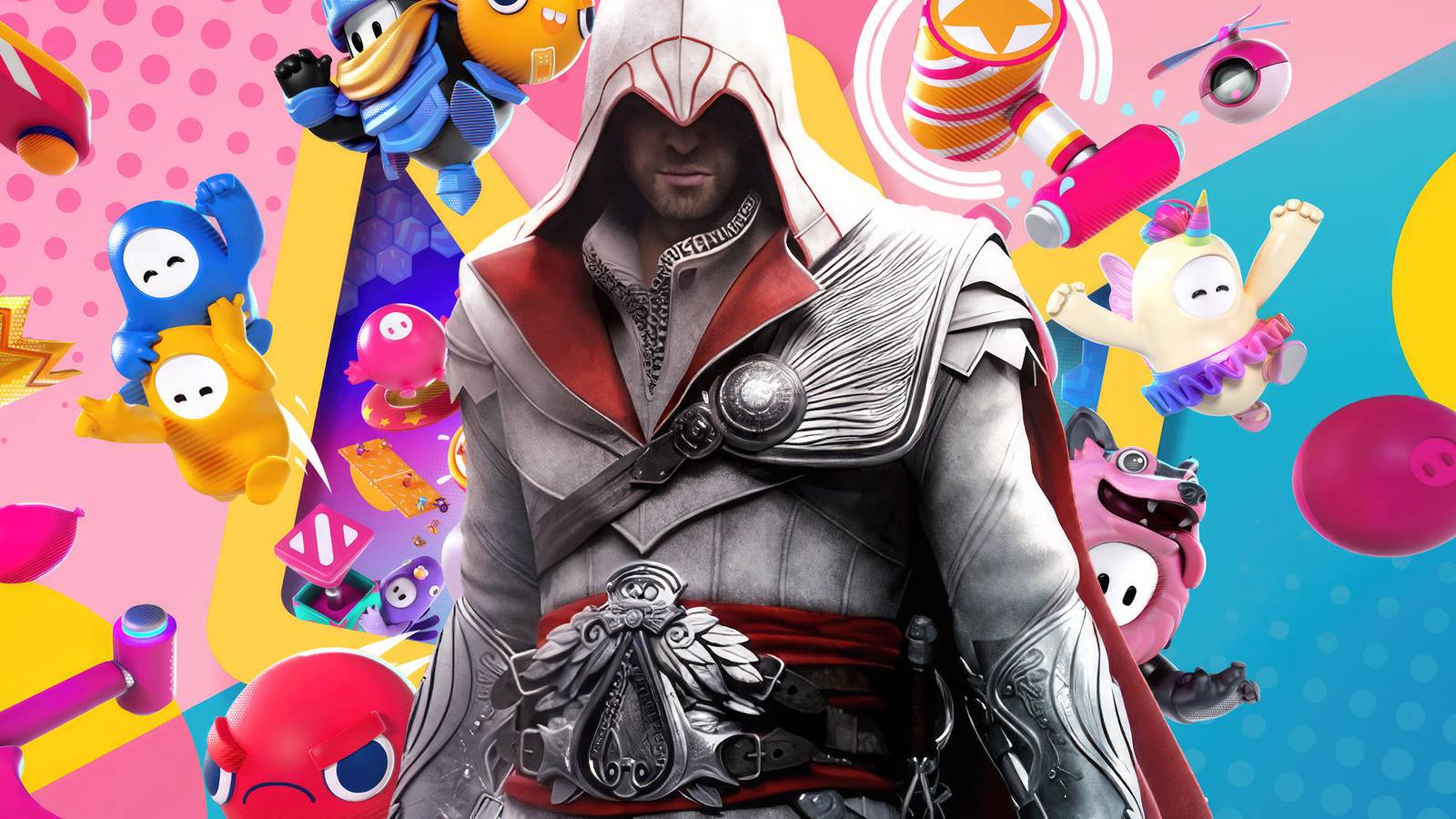 Ezio from Assassin's Creed against a background of Fall Guys characters.