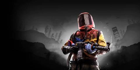 Rust Poster of character in hazmat suit holding a gun.