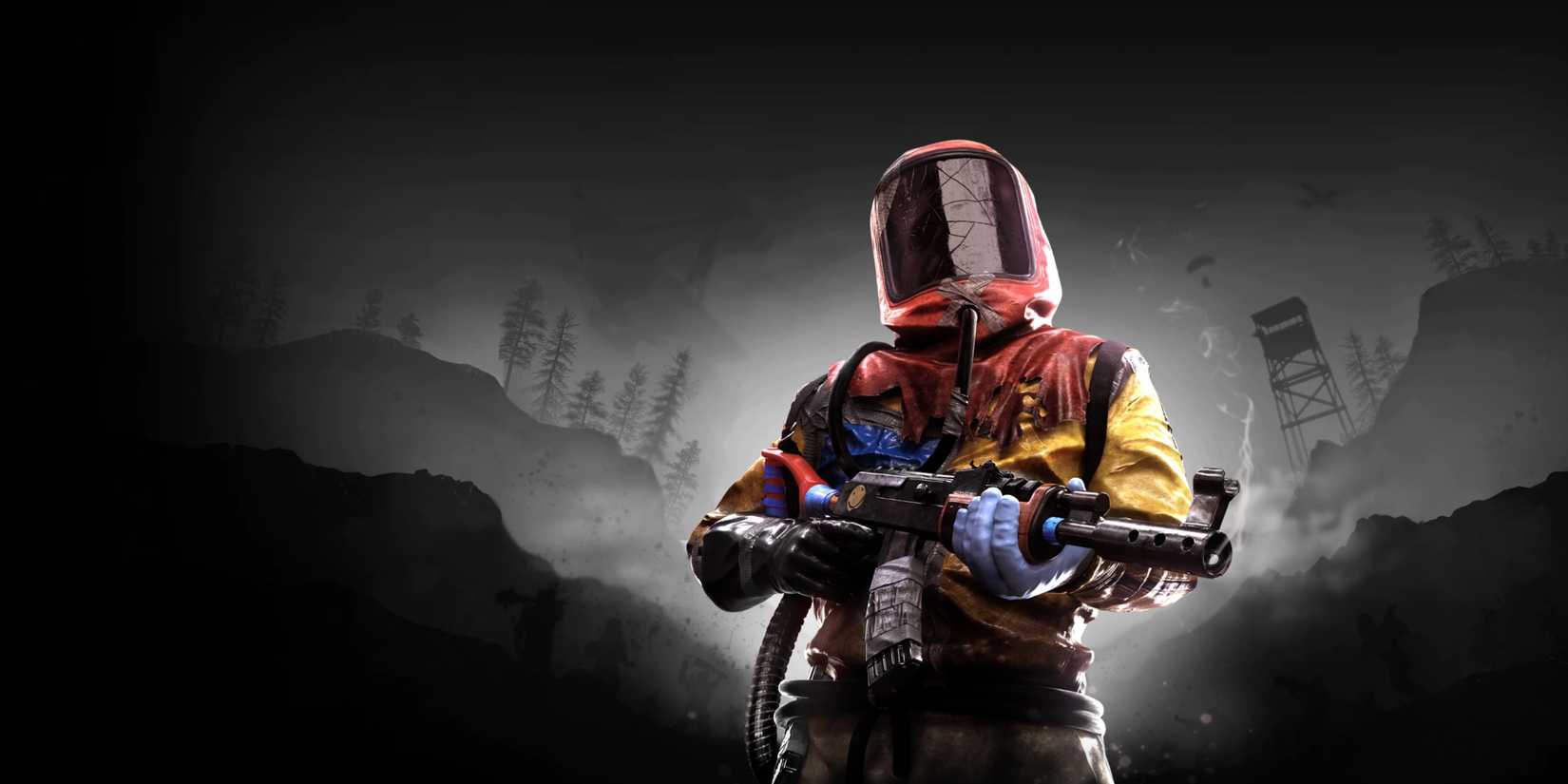 Rust Poster of character in hazmat suit holding a gun.