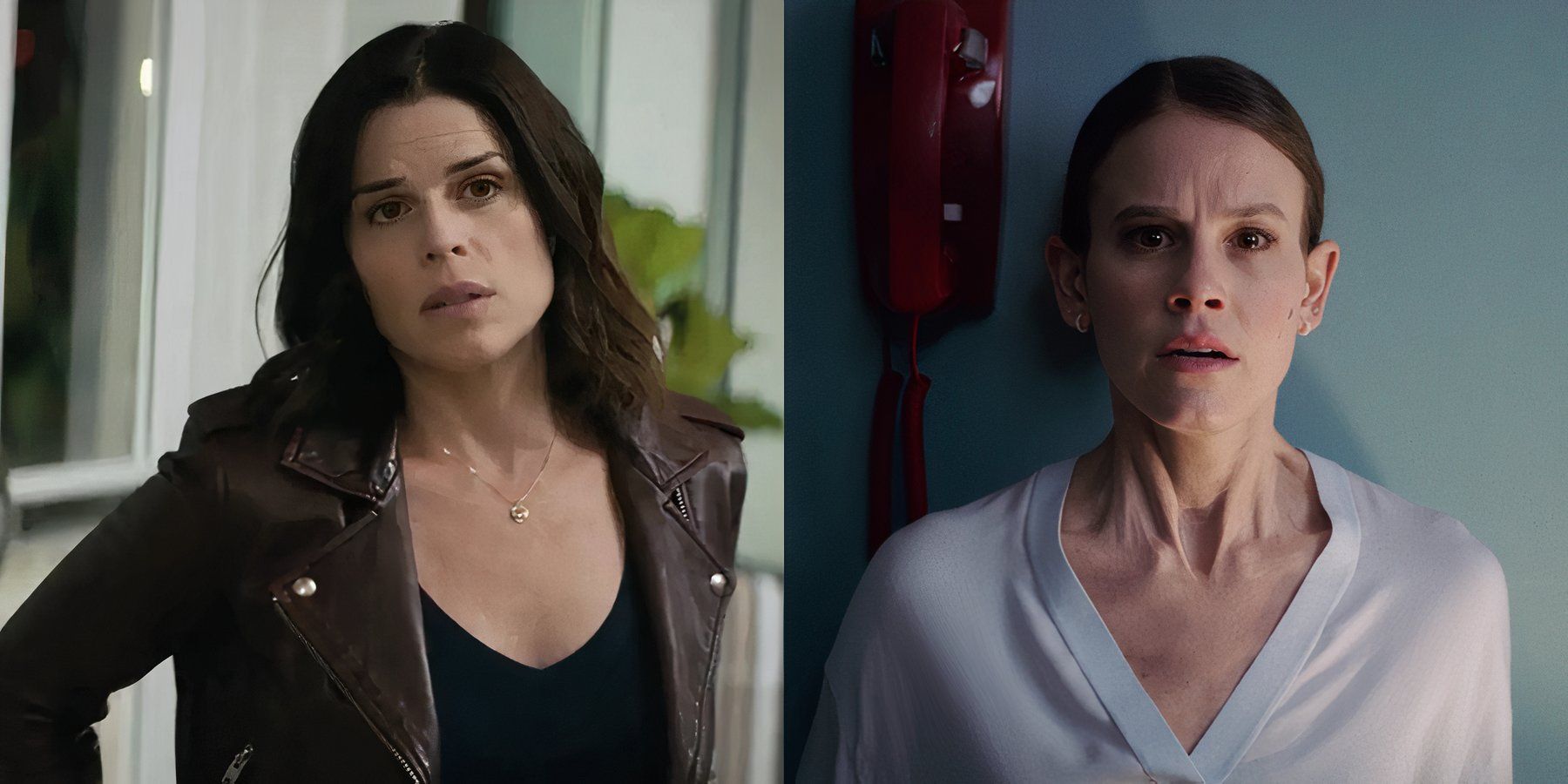 Split image of Sidney Prescott (Neve Campbell) in Scream (2022) and Rose Cotter (Sosie Bacon) in Smile