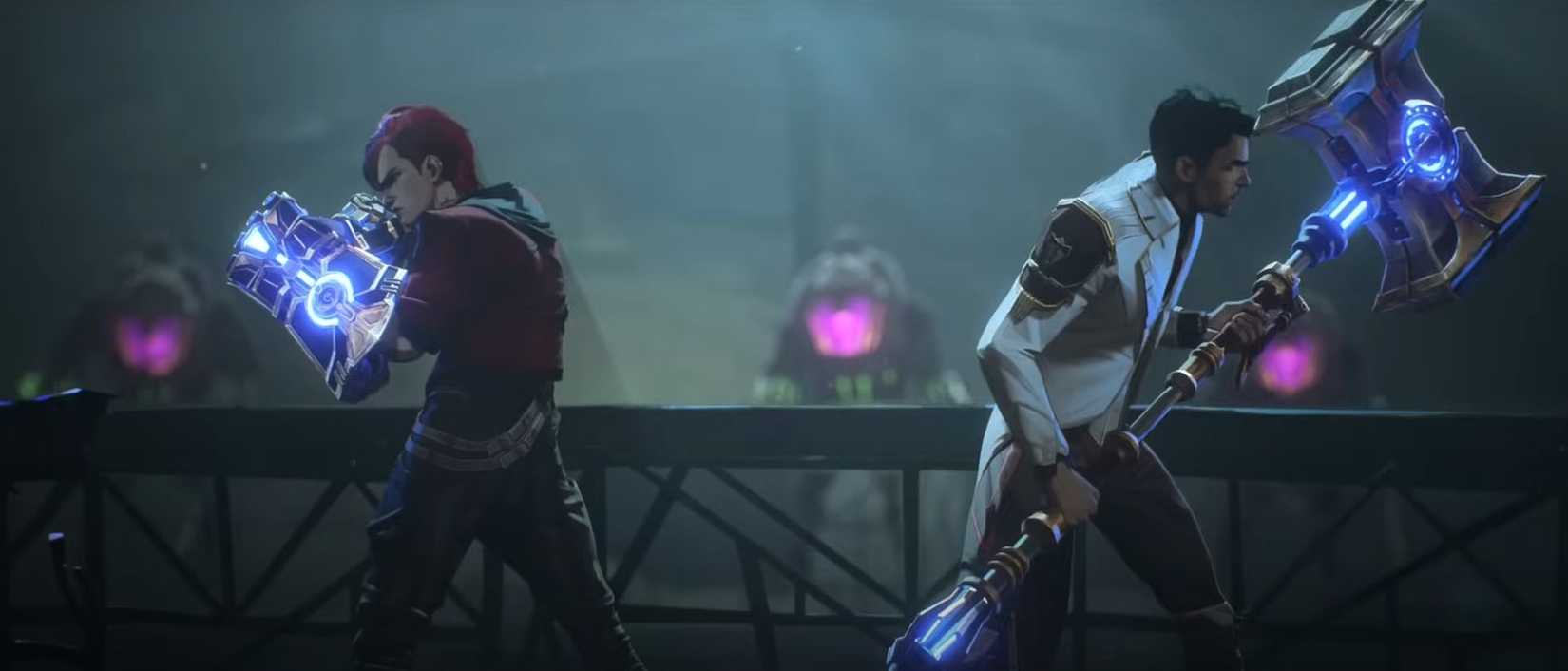 An image of Vi using the Atlas gauntlets and Jayce using the Mercury Hammer in Arcane