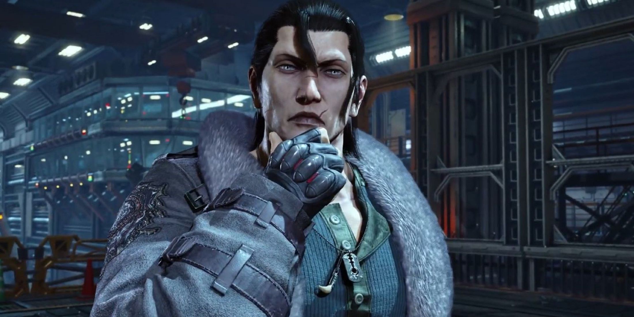 Sergei Dragunov from Tekken 8, shown with a serious expression, wearing a fur-collared tactical coat and fingerless gloves.