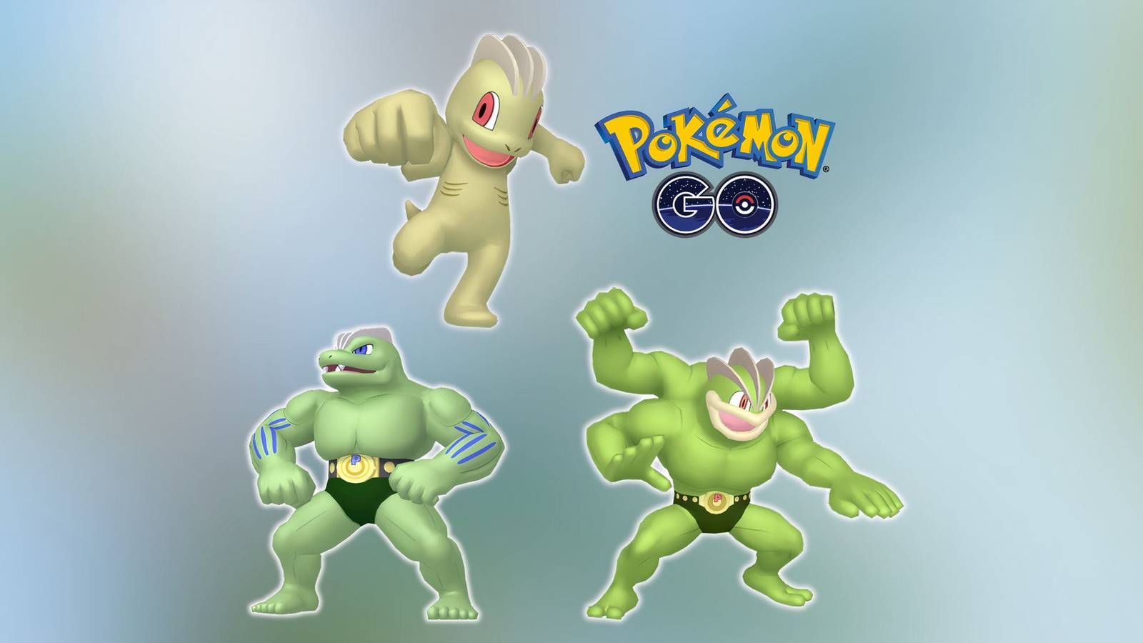 Shiny Machop, Shiny Machoke, and Shiny Machamp in Pokemon GO